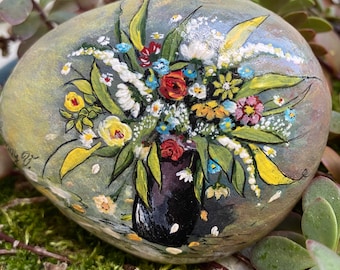 Flower Vase Painted Stone Art