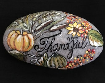 Autumn Leaves Thankful Message Hand Painted Stone