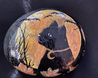 Witchy Black Halloween Cat Art Painted Stone