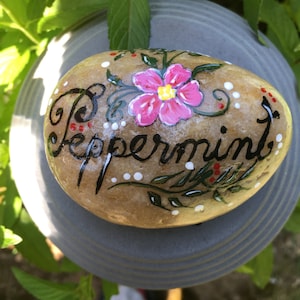 Hand painted stone, peppermint garden stone, stone art