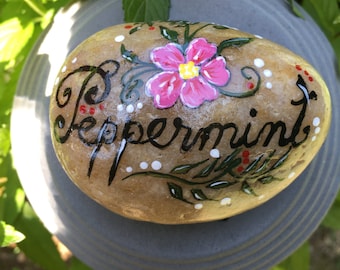 Hand painted stone, peppermint garden stone, stone art