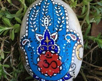 Hand Painted Blue Moon and Sun Hamsa Hand Stone