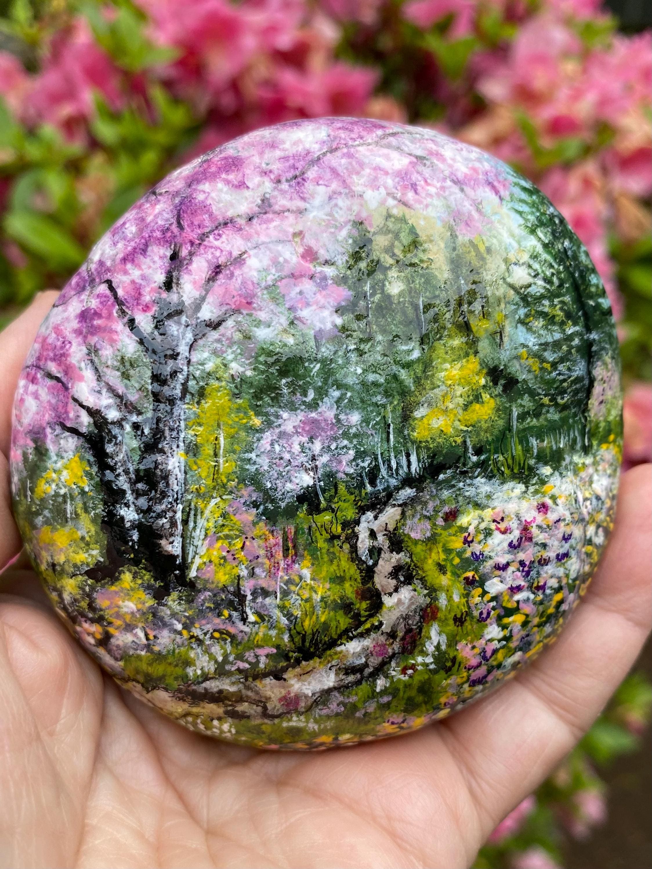 Hand Painted Cherry Blossom Flowers Painted Stones