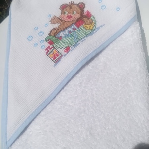 Baby Bathtowel,hand embroidered,cross stitch bathtowel,Baby Accessory,Bath and Beauty,cleaning and drying,Bear in Bath motif,needlework,bath image 5