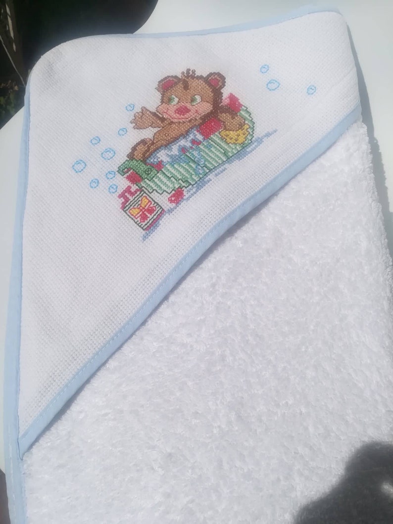 Baby Bathtowel,hand embroidered,cross stitch bathtowel,Baby Accessory,Bath and Beauty,cleaning and drying,Bear in Bath motif,needlework,bath image 5