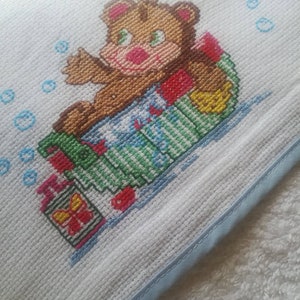 Baby Bathtowel,hand embroidered,cross stitch bathtowel,Baby Accessory,Bath and Beauty,cleaning and drying,Bear in Bath motif,needlework,bath image 10