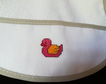 Baby bib,cross stitch,handmade,pink duck,Cotton bib,baby gift,Baby Shower,hand embroidered,cross-stitch,Bath and Beauty,rool bib,newborn gif