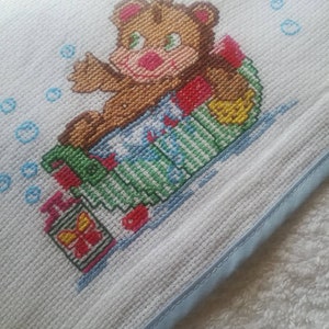 Baby Bathtowel,hand embroidered,cross stitch bathtowel,Baby Accessory,Bath and Beauty,cleaning and drying,Bear in Bath motif,needlework,bath image 2