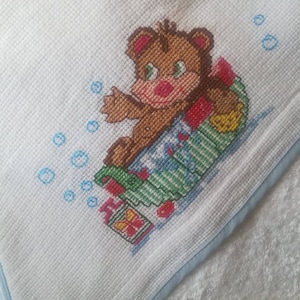 Baby Bathtowel,hand embroidered,cross stitch bathtowel,Baby Accessory,Bath and Beauty,cleaning and drying,Bear in Bath motif,needlework,bath image 1