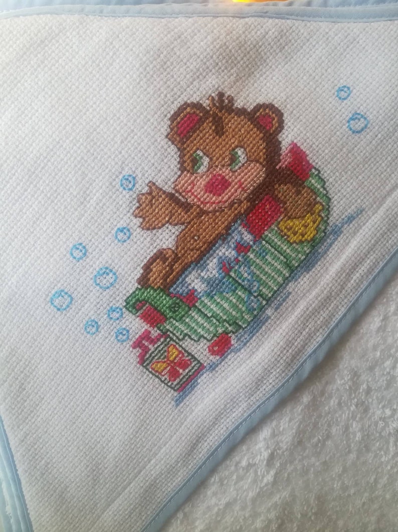 Baby Bathtowel,hand embroidered,cross stitch bathtowel,Baby Accessory,Bath and Beauty,cleaning and drying,Bear in Bath motif,needlework,bath image 1