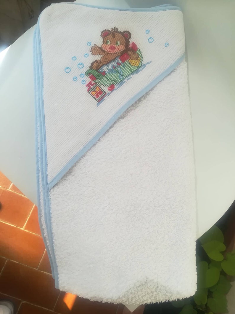 Baby Bathtowel,hand embroidered,cross stitch bathtowel,Baby Accessory,Bath and Beauty,cleaning and drying,Bear in Bath motif,needlework,bath image 6