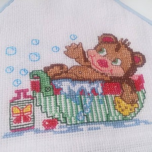 Baby Bathtowel,hand embroidered,cross stitch bathtowel,Baby Accessory,Bath and Beauty,cleaning and drying,Bear in Bath motif,needlework,bath image 4