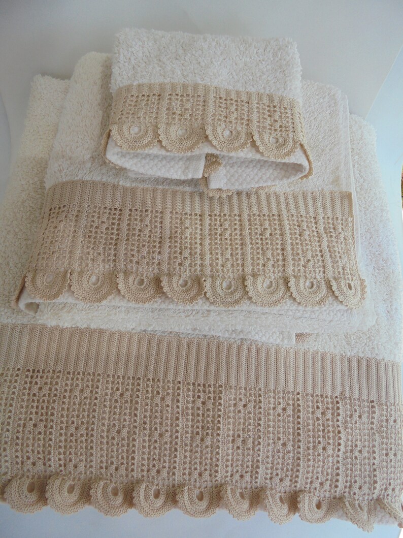Beige Bathtroom Towelsset of Threehandmadecrocheted Itemsbath and Beautybath Accessories