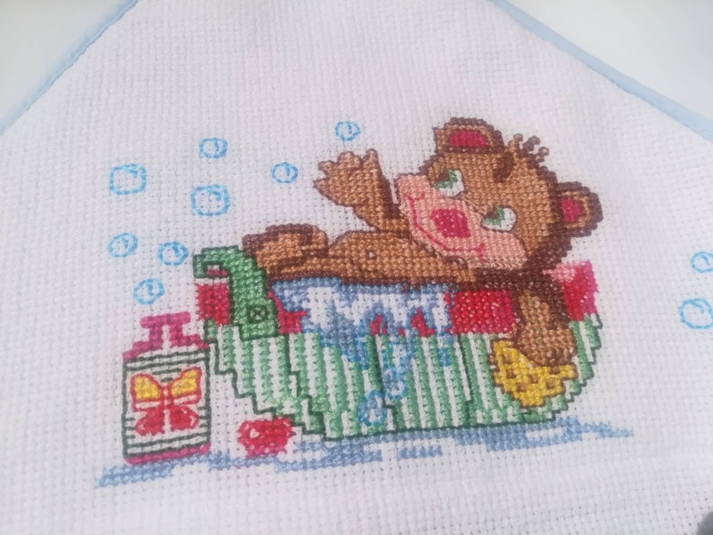 Baby Bathtowel,hand embroidered,cross stitch bathtowel,Baby Accessory,Bath and Beauty,cleaning and drying,Bear in Bath motif,needlework,bath image 9