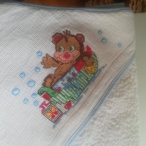 Baby Bathtowel,hand embroidered,cross stitch bathtowel,Baby Accessory,Bath and Beauty,cleaning and drying,Bear in Bath motif,needlework,bath image 3