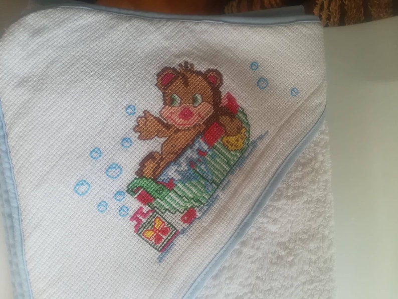 Baby Bathtowel,hand embroidered,cross stitch bathtowel,Baby Accessory,Bath and Beauty,cleaning and drying,Bear in Bath motif,needlework,bath image 3