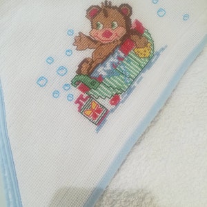 Baby Bathtowel,hand embroidered,cross stitch bathtowel,Baby Accessory,Bath and Beauty,cleaning and drying,Bear in Bath motif,needlework,bath image 7