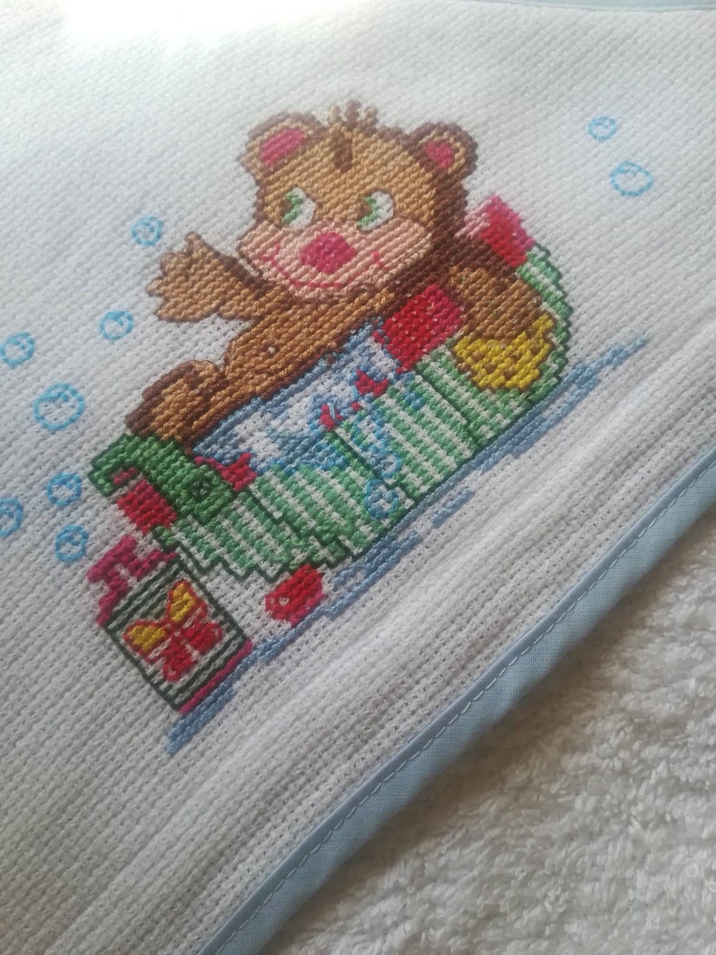 Baby Bathtowel,hand embroidered,cross stitch bathtowel,Baby Accessory,Bath and Beauty,cleaning and drying,Bear in Bath motif,needlework,bath image 8