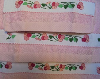 Bathroom towel sets, handmade, cross stitched bath towels, Bath and Beauty, Bath Accessory, cleaning and drying accessories, pink coloured,