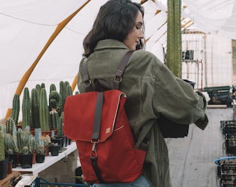 Red Backpack, Vintage Wax Canvas Leather Backpack /Canvas Backpack / Roll Top Backpack / Brown Wax Canvas Bag/ woman backpack, women's backpack