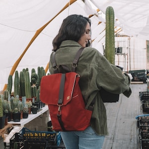 Red Backpack, Vintage Wax Canvas Leather Backpack /Canvas Backpack / Roll Top Backpack / Brown Wax Canvas Bag/ woman backpack, women&#39;s backpack