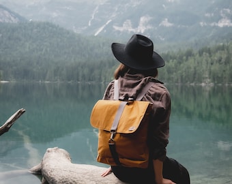 Women backpack, Mustard, leather backpack, waxed canvas, handmade backpack, unisex backpack, wax canvas, women's backpack