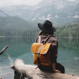 Women Backpack Mustard Leather Backpack Waxed Canvas Handmade