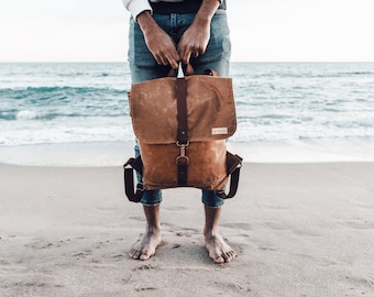 Women's backpack, men backpack, backpack leather, vintage backpack, waxed Canvas bag, waxed Canvas Brown backpack, brown backpack