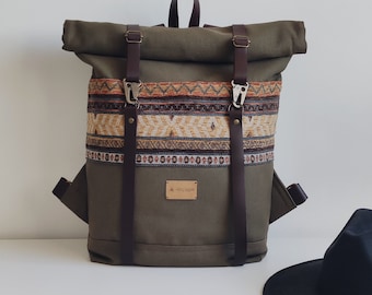 Eco-friendly backpack, folk backpack, leather backpack, canvas backpack, ethnic backpack, women's backpack, artisan backpack, handmade, rolltop backpack
