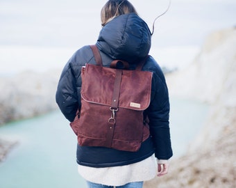 Marsala backpack, Wowaxed Canvas backpack, women backpack, men backpack leather, waxed Canvas backpack, rucksack