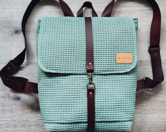 Turquoise backpack, waffle backpack, fabric backpack, women's backpack, small backpack, summer backpack, teacher gift