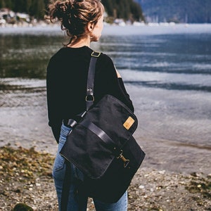 Black backpack, women backpack, waxed Canvas backpack, bag, men backpack leather, black backpack