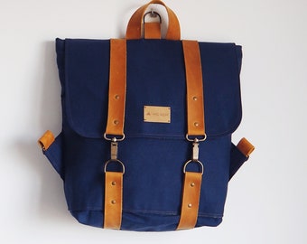 Women's backpack, unisex backpack, recycled cotton canvas backpack, blue backpack, bag, leather backpack