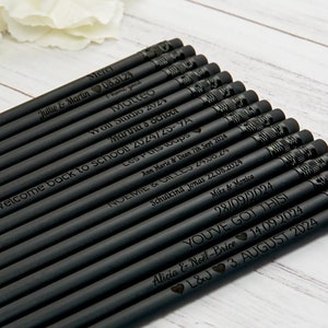 Custom Black Pencils Set, Engraved Pencils, Customized Bulk Pencils, Personalized Wedding Favors for Guests, Save The Date Pencils