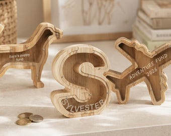 Personalized Wooden Piggy Bank, Custom Money Box for Kids, Letter, Cat, Dog, Dinosaur, Car, Airplane, Bone, Vehicle Coin Bank, Savings Gift