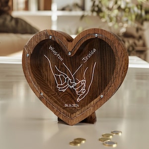 Heart Shape Piggy Bank, Anniversary Gift for Couple, Rustic Wedding Wood Money Box, Engagement Gift for Couple, Savings Fund for HoneyMoon