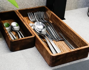 Wooden cutlery tray for kitchen, Cutlery holder set for table, Small silverware natural wood organizer, Farmhouse rustic oak cutlery box