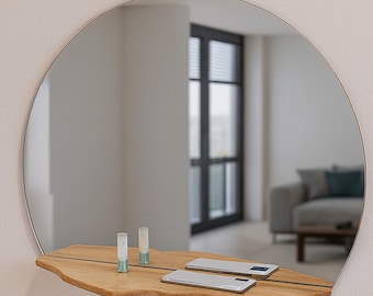 Okrągłe dębowe lustro z rustykalną półką, dekoracja ścienna w stylu rustykalnym, wyjątkowe drewniane lustro z wykończeniem dębowym, spersonalizowane, ręcznie robione lustro na prezent