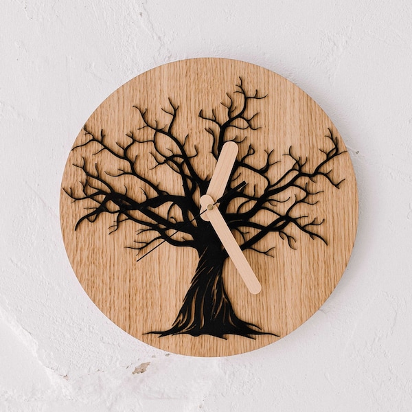 Tree of life wooden wall clock for interior decoration, Silent unique wood minimalist kitchen clock, Modern rustic unique large wall clock