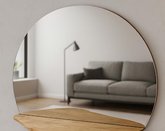 Spersonalizowane okrągłe dębowe lustro ścienne z półką w stylu górskim, niestandardowe drewniane lustro do przedpokoju lub wystroju domku letniskowego, dostępne w wielu wykończeniach