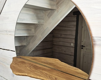 Ręcznie wykonane okrągłe lustro dębowe z półką górską – nowoczesne drewniane lustro ścienne w kształcie Everestu, Matterhornu, Grossglocknera i Zugspitze