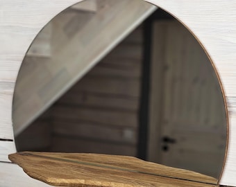 Okrągłe drewniane lustro ścienne z półką górską, okrągłe lustro, ręcznie robione lustro dębowe, ręcznie robiony wystrój w stylu Mid Century Modern, minimalistyczna sztuka ścienna