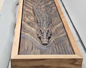 Rustic Crocodile Wood Carving, Large 3D Wooden Wall Art, Wildlife-Inspired Alligator Sculpture, Engraved Wood Panel for Cabin, Gift for Men