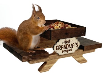 Funny Squirrel and Chipmunk Feeder For Outside, Picnic Table Feeder for Squirrels, Tray for Fruit and Nuts, Wildlife animal wooden bench