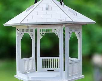 Hangende vogelvoederbak voor buiten, uniek tuinhuisje zaden vogelhuisje voor achtertuin tuindecoratie, wit houten decoratief voederstation