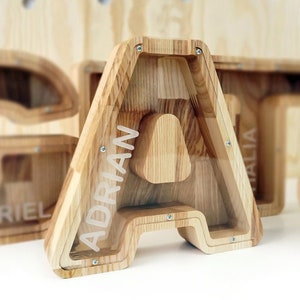 Alcancía con letras personalizadas, hucha de madera grande para niños, regalo de un año para niñas y niños, alcancía personalizada, regalo de regreso a la escuela