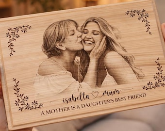 Prezent dla mamy od córki, spersonalizowane zdjęcie w drewnianej ramce, grawerowany obrazek z drewna, prezent ze zdjęciem mamy i córki