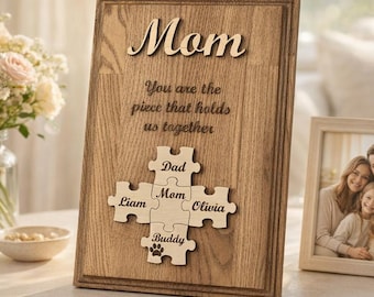 Drewniana tabliczka z puzzlami na Dzień Matki, spersonalizowany prezent dla mamy, tabliczka z napisem „Ten kawałek nas łączy”, pamiątkowy prezent w formie rodzinnej układanki