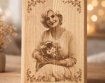 Engraved Photo on Wood Plaque, Personalized Wooden Picture Gift, Custom Mom Keepsake, Rustic Family Memory Gift
