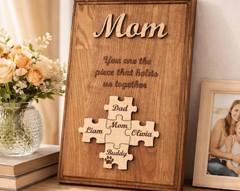 Tabliczka „Mamo, jesteś tym, co nas łączy”, spersonalizowany prezent na Dzień Matki, drewniana rama układanki rodzinnej, prezent z niestandardowymi imionami dla dzieci